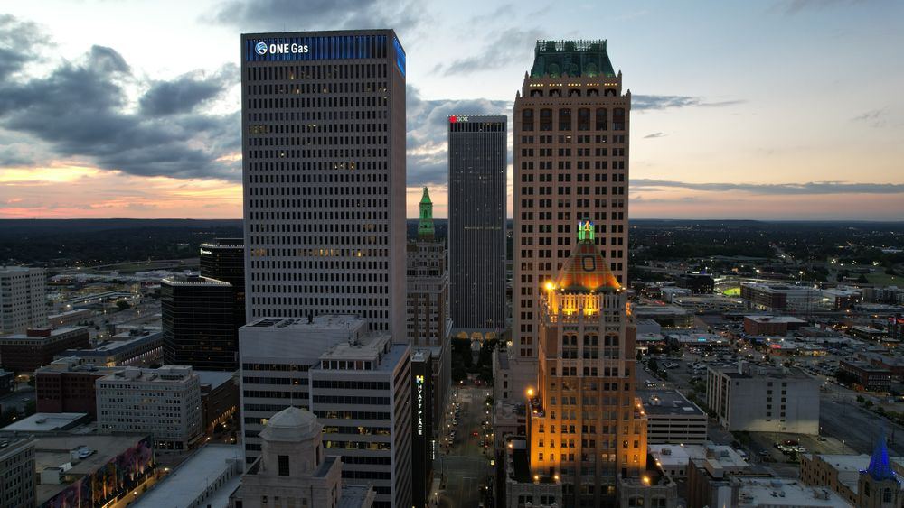 Downtown Tulsa, Oklahoma skyline at twilight